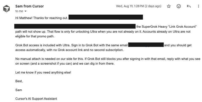 Cursor support exchange clarifying the relationship between Cursor Ultra and SuperGrok Heavy