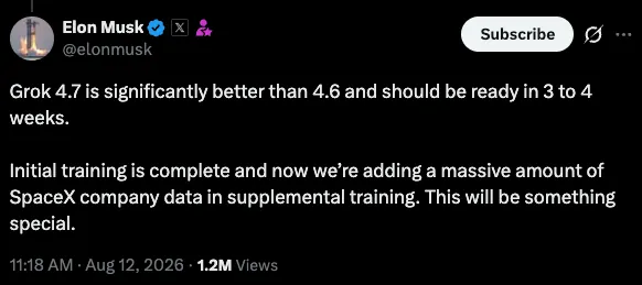 Post stating that Grok 4.7 should be ready in three to four weeks