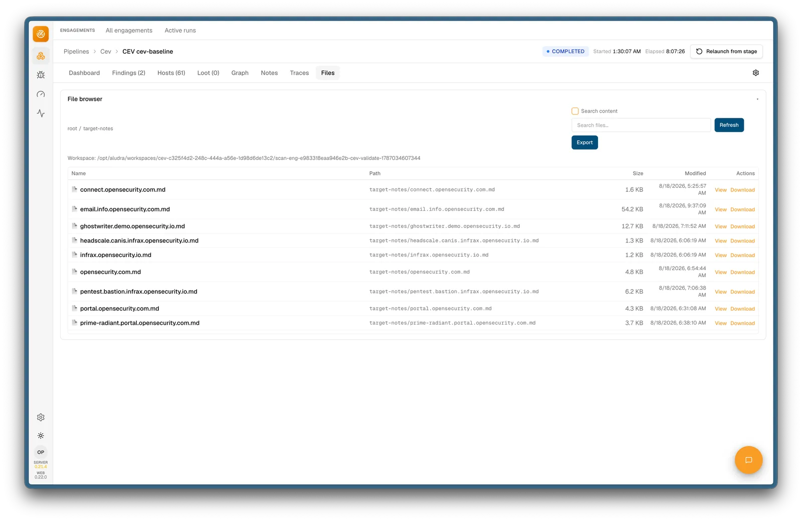 Aludra target notes collected during discovery, with per-host intelligence ready for validation