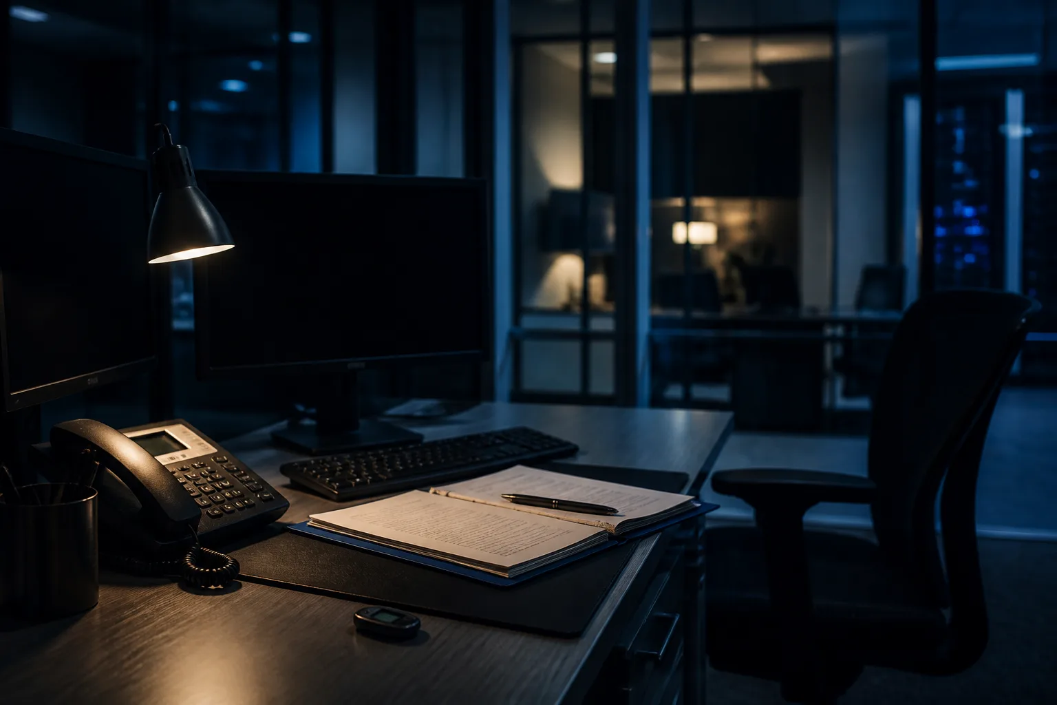 Treasury desk with dual monitors and a wire-callback folder on an empty chair