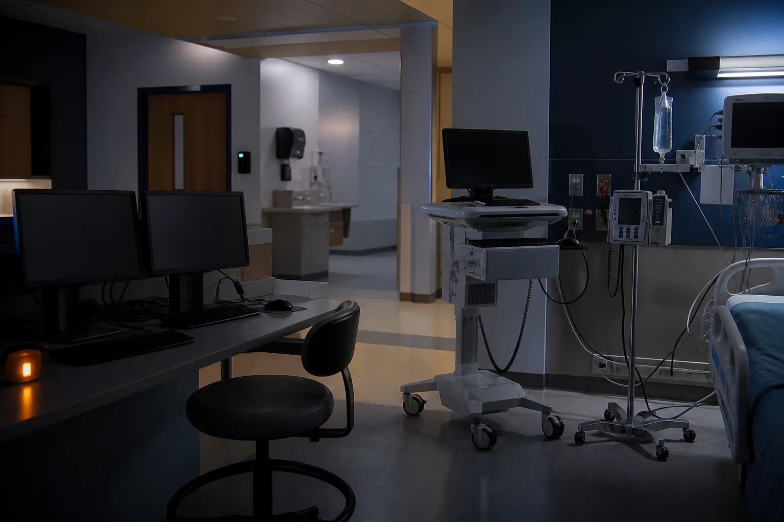 After-hours clinical systems — EHR workstations and connected monitoring equipment on a quiet ward