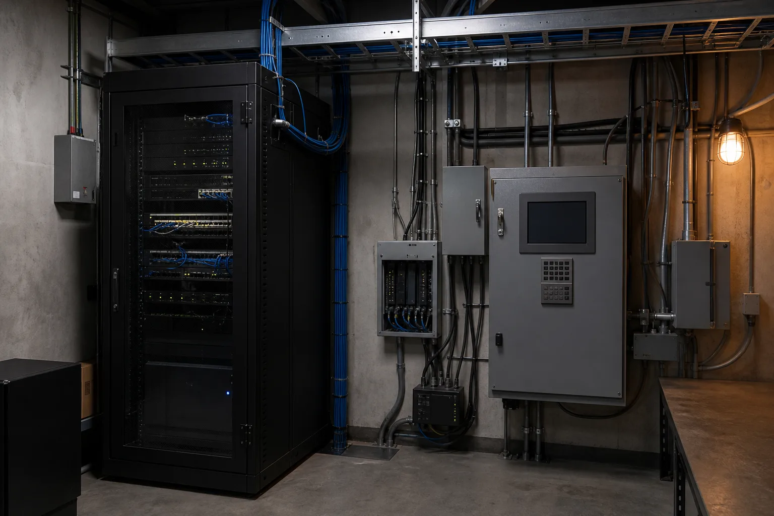 Enterprise IT rack meeting a utility OT cabinet and conduit
