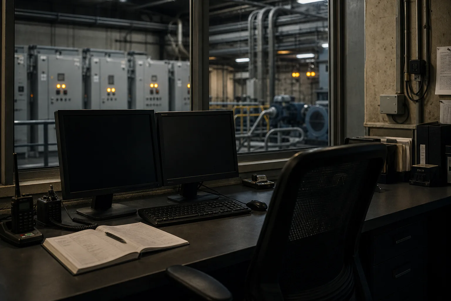 Quiet utility control desk facing switchgear — service continuity, not a factory floor