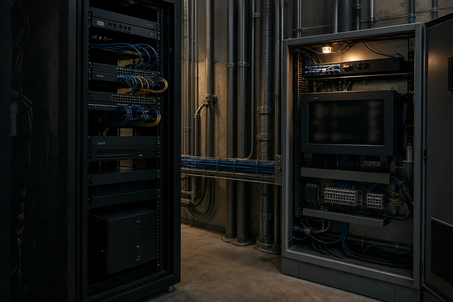 Plant network rack meeting an OT cabinet and historian screens