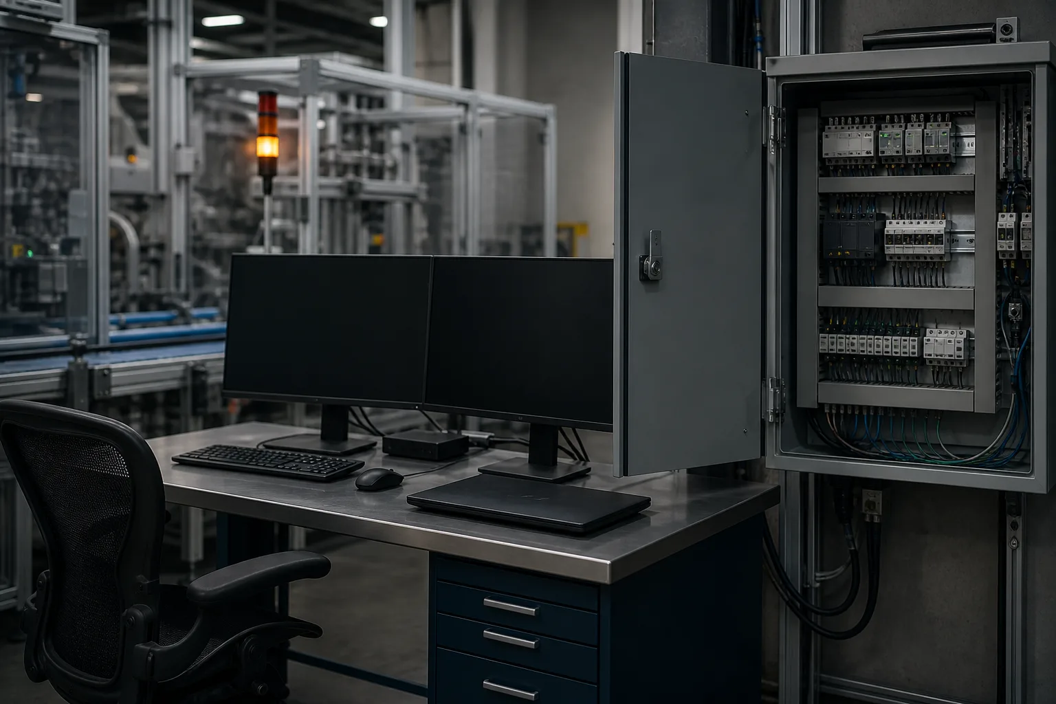 Engineering workstation beside a control cabinet on a quiet production floor