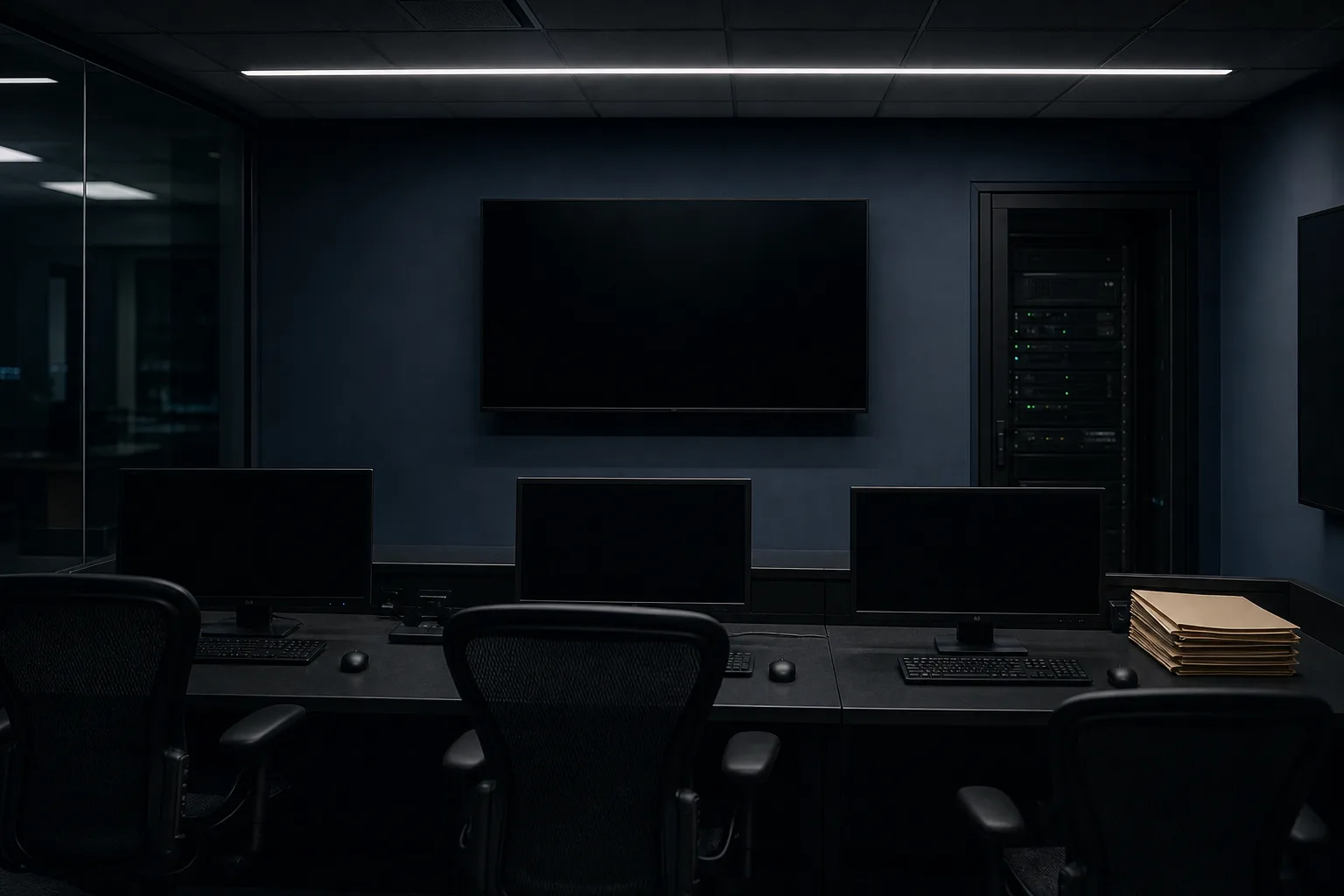 Portfolio operating room with empty workstations and a dark wall display