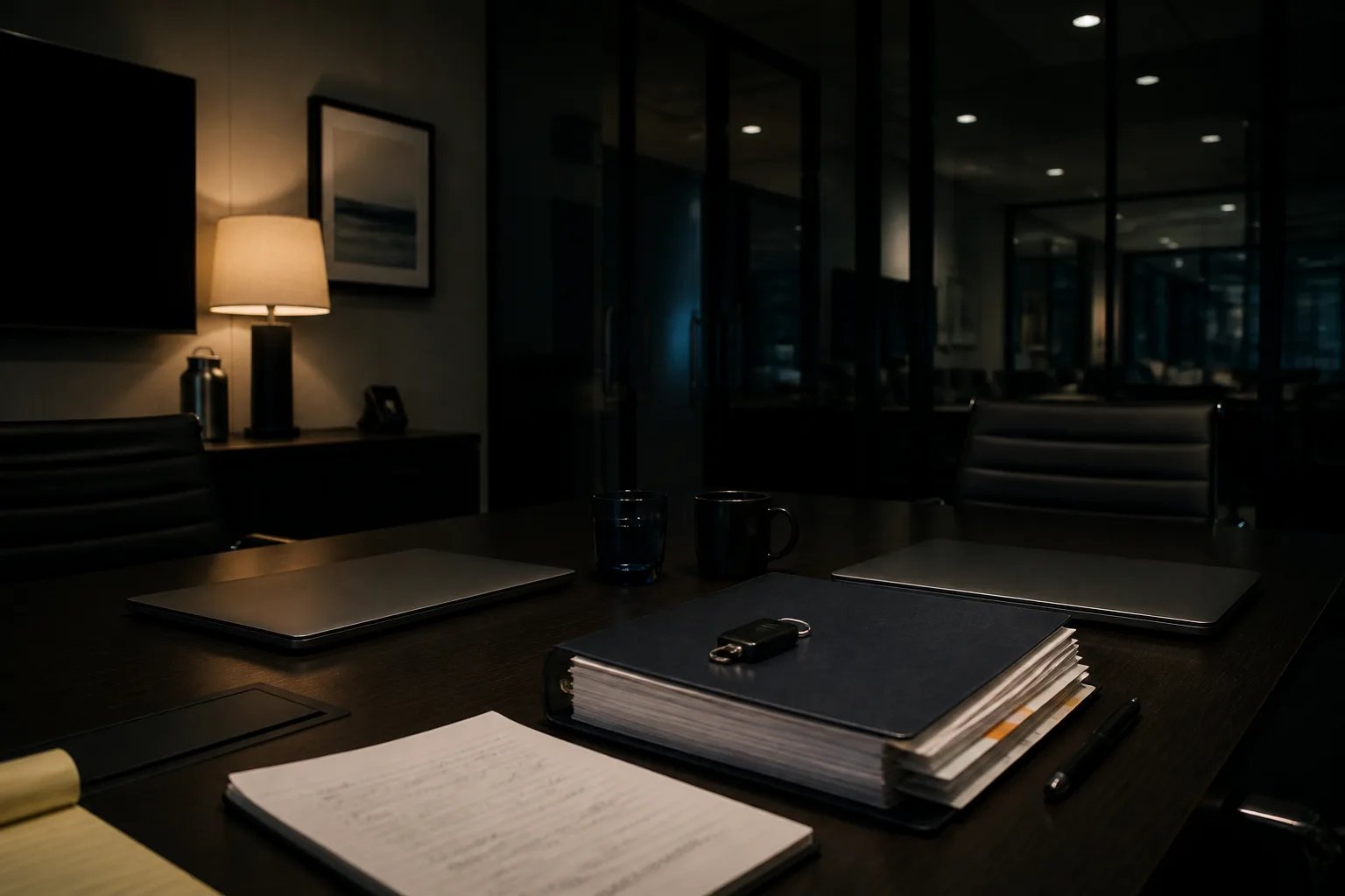 After-hours deal table — closed laptops, diligence binder, empty chairs