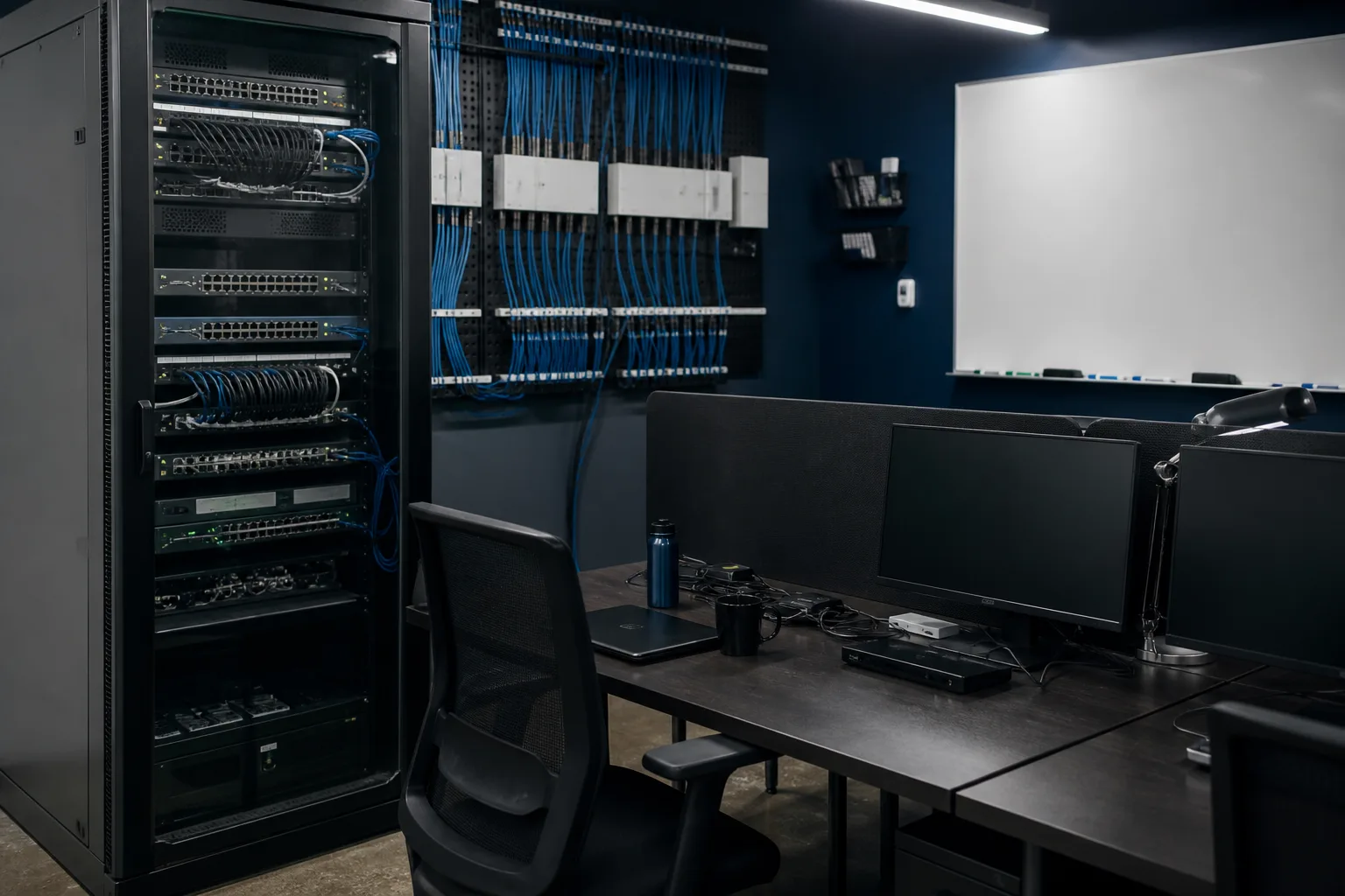 Platform engineering room with a glass-front rack and workstations — APIs and identity as a place