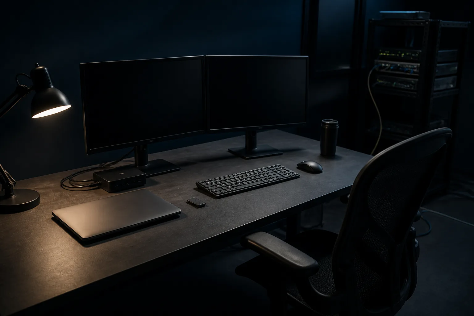 After-hours SaaS engineering desk — dual monitors dark, hardware key, empty chair