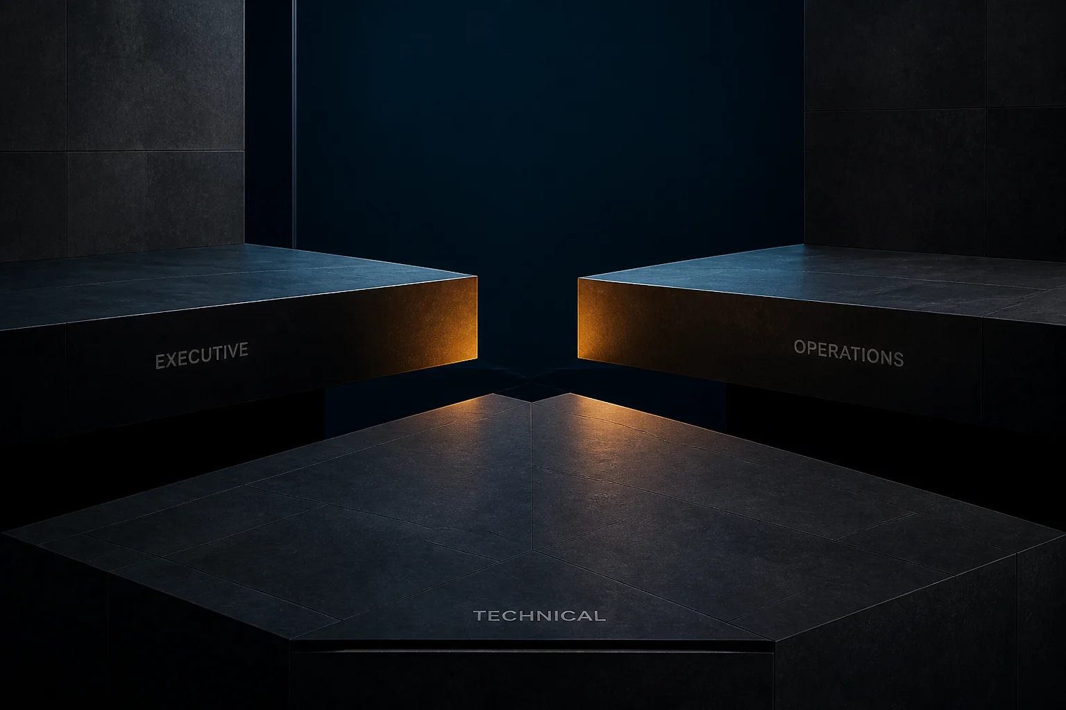 Three architectural volumes that should connect, representing roles whose handoffs do not hold under pressure