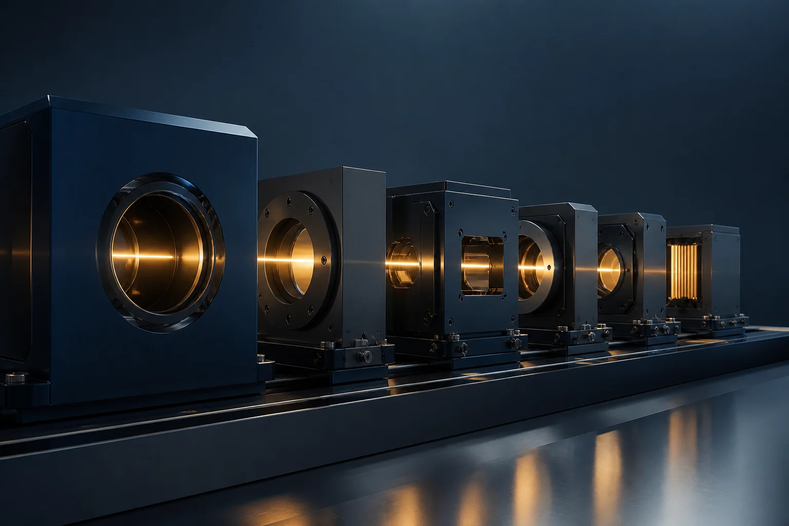 Sequential chambers of light representing a software release pipeline under controlled testing