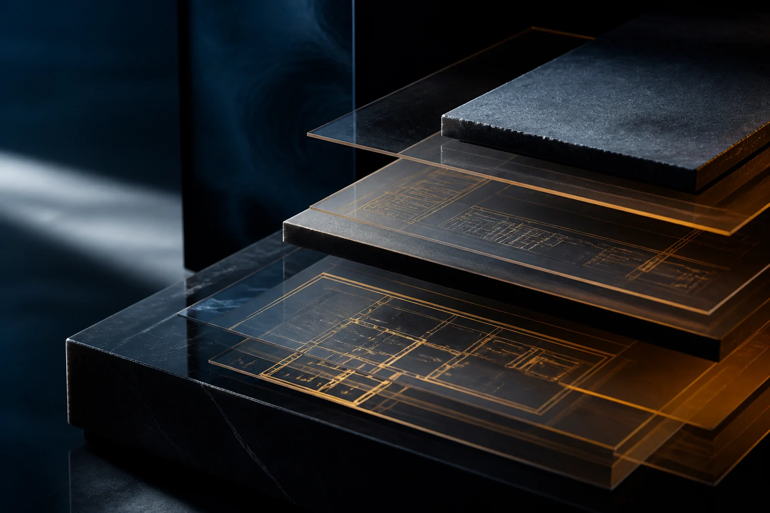 Layered translucent planes revealing structure underneath, representing clarity and expert interpretation