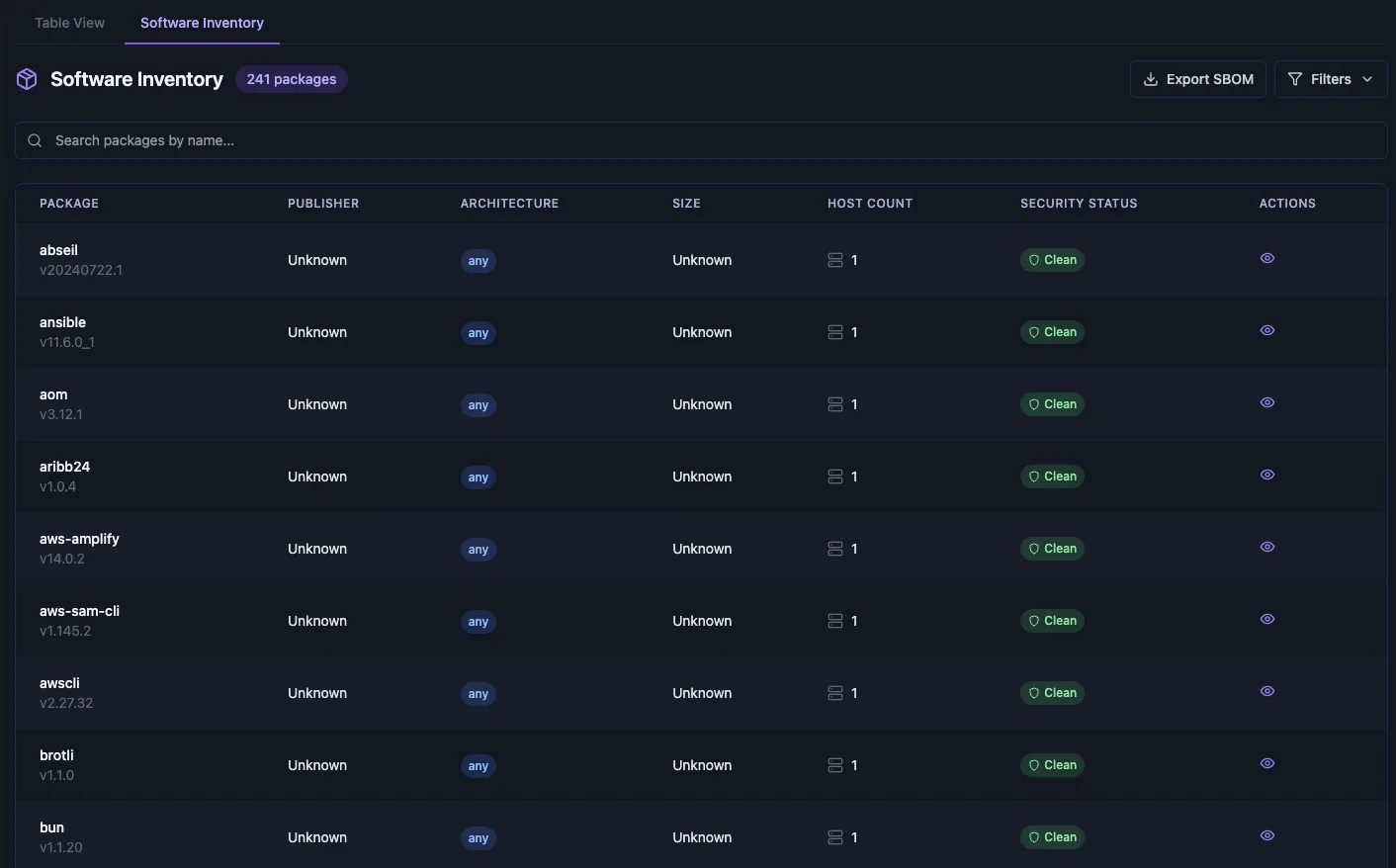 Sirius software inventory view used to surface supply-chain and configuration exposure