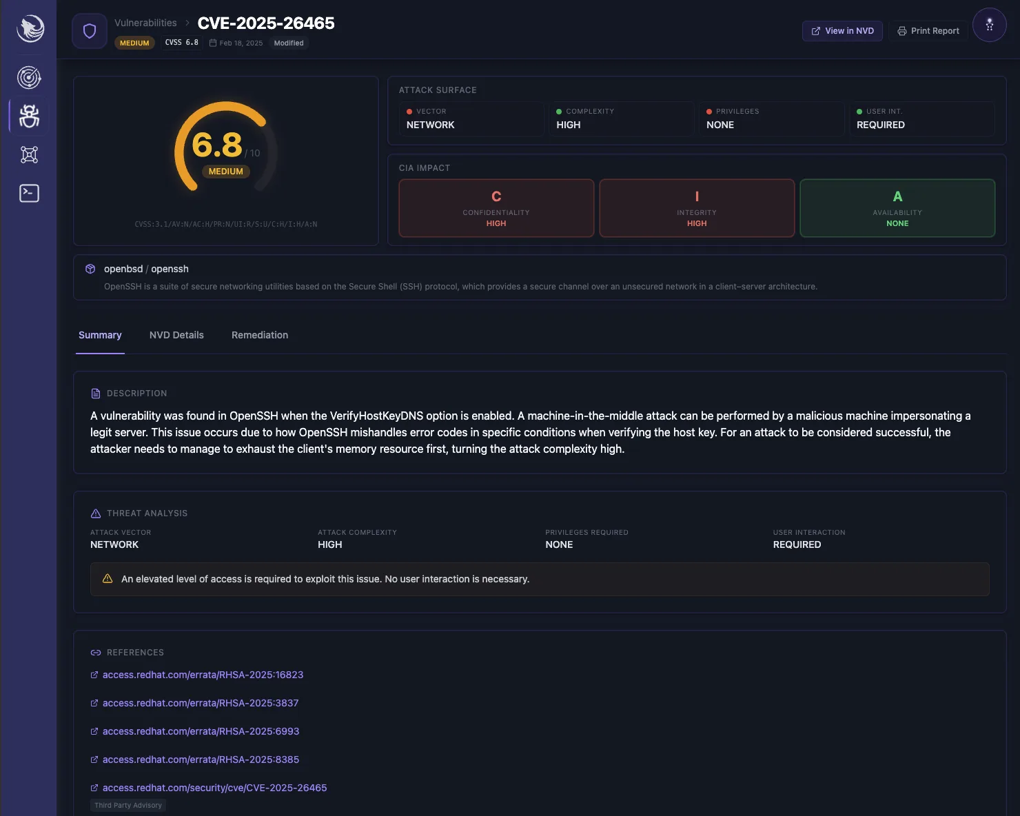 Sirius vulnerability detail view showing CVSS scoring, attack surface, CIA impact, and threat analysis for a CVE